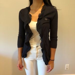 Navy blue A&F cardigan sweater with ruffle trim